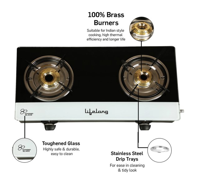 Lifelong Top, Black and White (ISI Certified,1 Year Warranty with Doorstep Service) Glass Manual Gas Stove (2 Burners)
