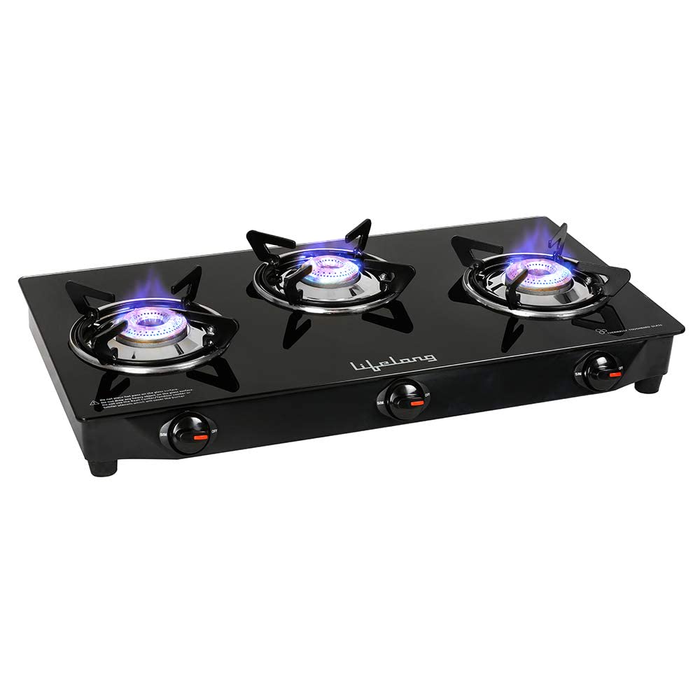Lifelong 3 Burner Gas Stove Top for Kitchen - Manual Ignition Cooktop Modern Glass Stove for Modular Kitchen, ISI Certified & Compatible with LPG - 1 Year Manufacturer's (Black, LLGSD06)