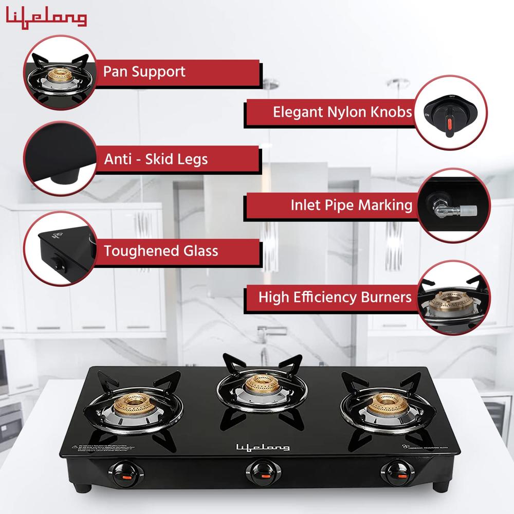 Lifelong 3 Burner Gas Stove Top for Kitchen - Manual Ignition Cooktop Modern Glass Stove for Modular Kitchen, ISI Certified & Compatible with LPG - 1 Year Manufacturer's (Black, LLGSD06)