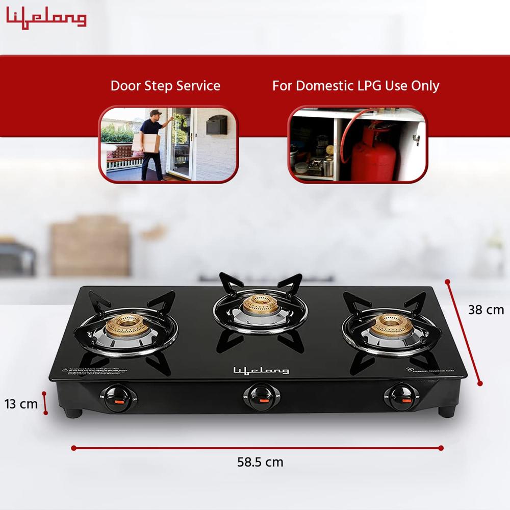 Lifelong 3 Burner Gas Stove Top for Kitchen - Manual Ignition Cooktop Modern Glass Stove for Modular Kitchen, ISI Certified & Compatible with LPG - 1 Year Manufacturer's (Black, LLGSD06)