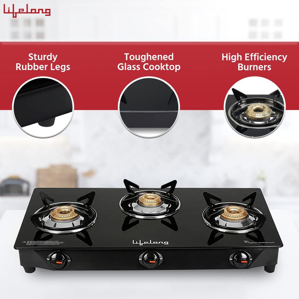 Lifelong 3 Burner Gas Stove Top for Kitchen - Manual Ignition Cooktop Modern Glass Stove for Modular Kitchen, ISI Certified & Compatible with LPG - 1 Year Manufacturer's (Black, LLGSD06)