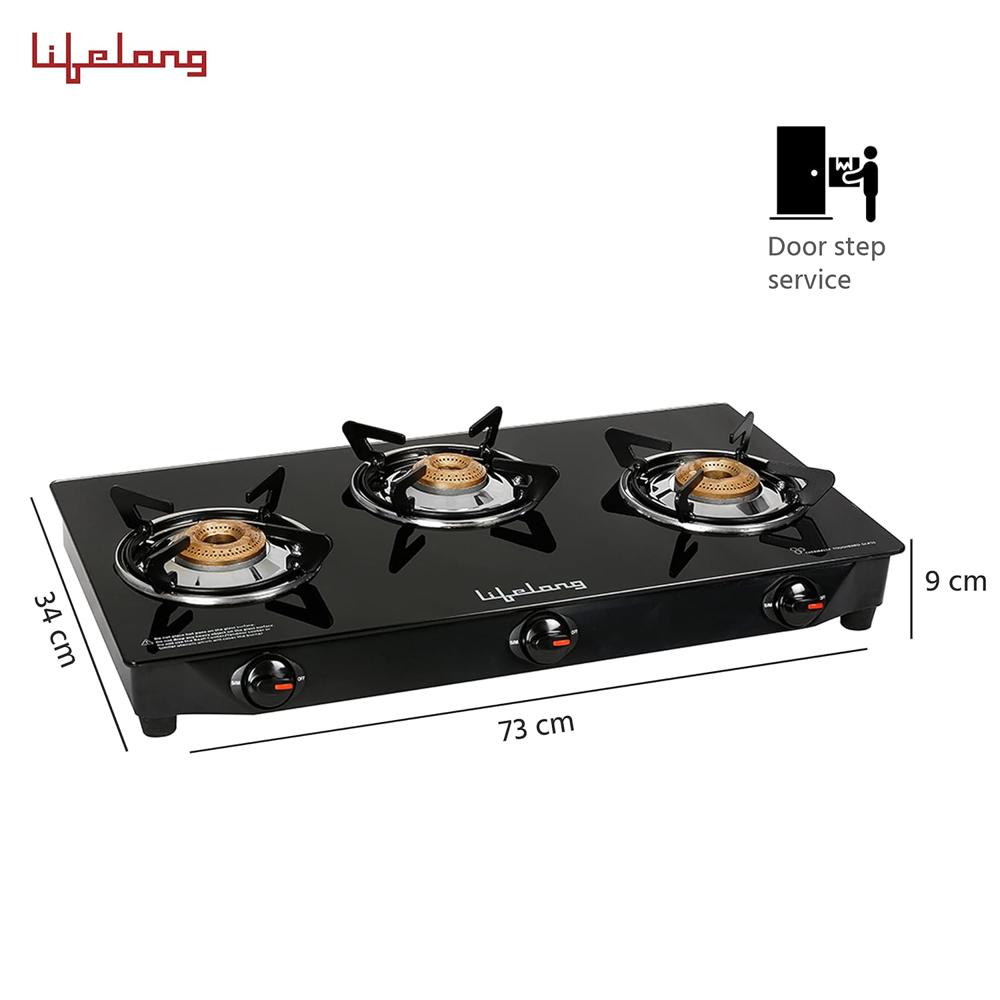 Lifelong 3 Burner Gas Stove Top for Kitchen - Manual Ignition Cooktop Modern Glass Stove for Modular Kitchen, ISI Certified & Compatible with LPG - 1 Year Manufacturer's (Black, LLGSD06)