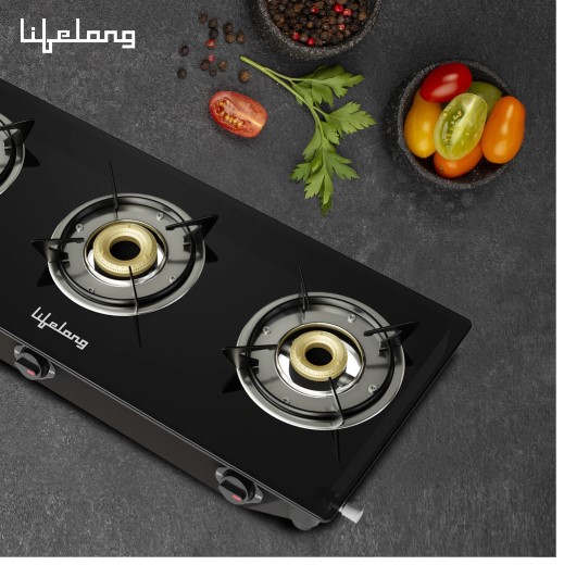 Lifelong LLGS803 Manual Ignition, High Efficiency 3 Burner Gas Stove with Toughened Glass Top (Black)