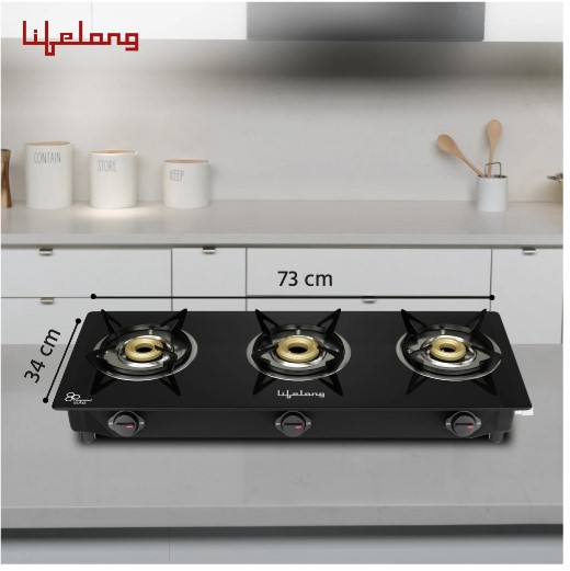Lifelong LLGS803 Manual Ignition, High Efficiency 3 Burner Gas Stove with Toughened Glass Top (Black)