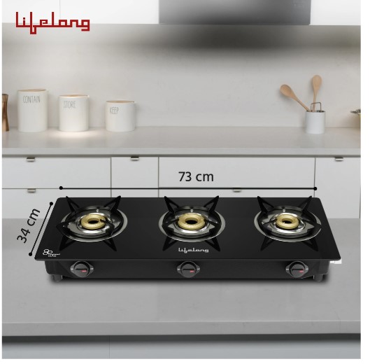 Lifelong LLGS803 Manual Ignition, High Efficiency 3 Burner Gas Stove with Toughened Glass Top (Black)