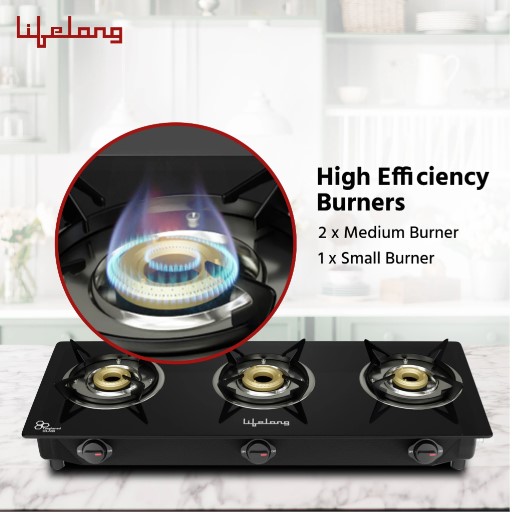 Lifelong LLGS803 Manual Ignition, High Efficiency 3 Burner Gas Stove with Toughened Glass Top (Black)