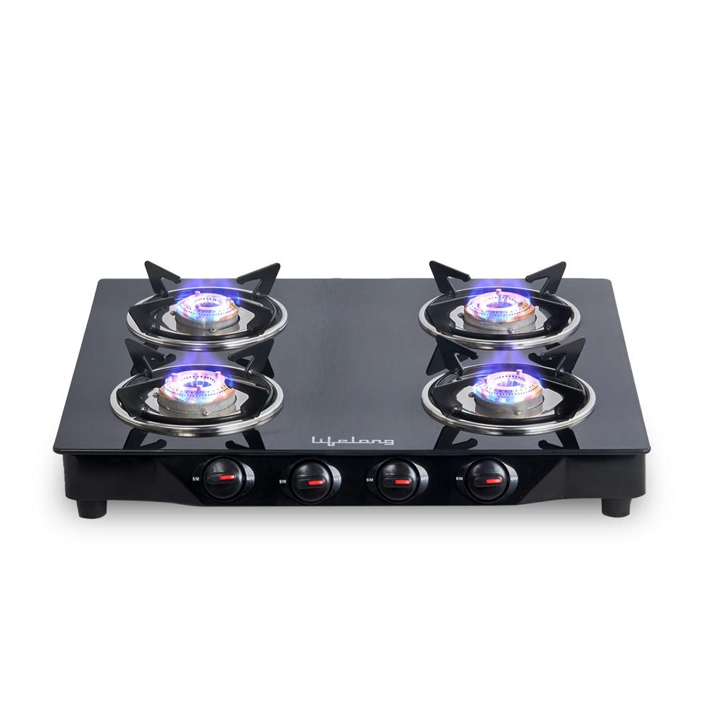 Lifelong Glass Top Gas Stove, 4 Burner Gas Stove, Black