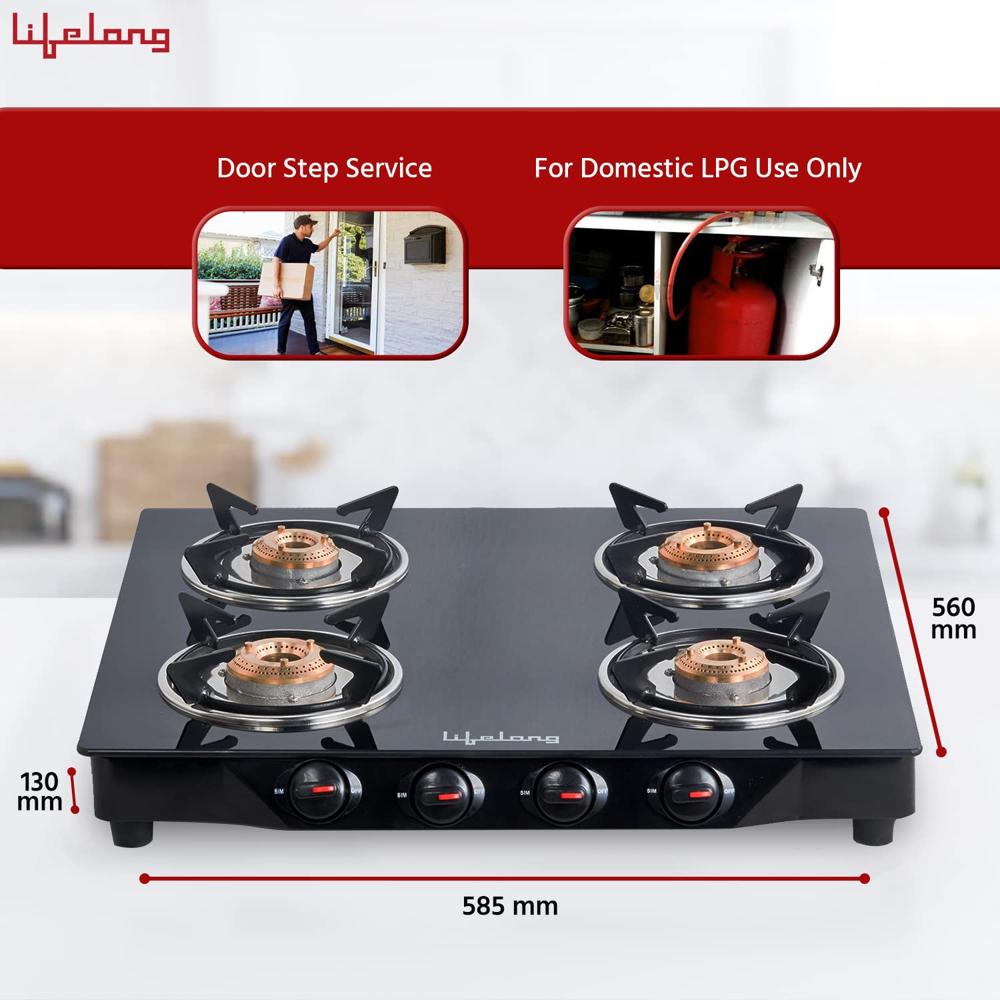 Lifelong Glass Top Gas Stove, 4 Burner Gas Stove, Black