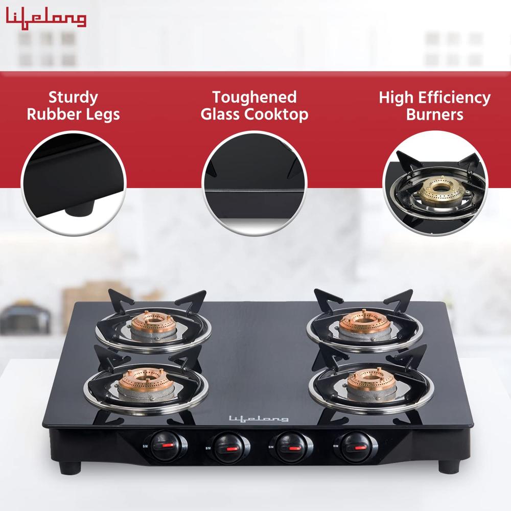 Lifelong Glass Top Gas Stove, 4 Burner Gas Stove, Black