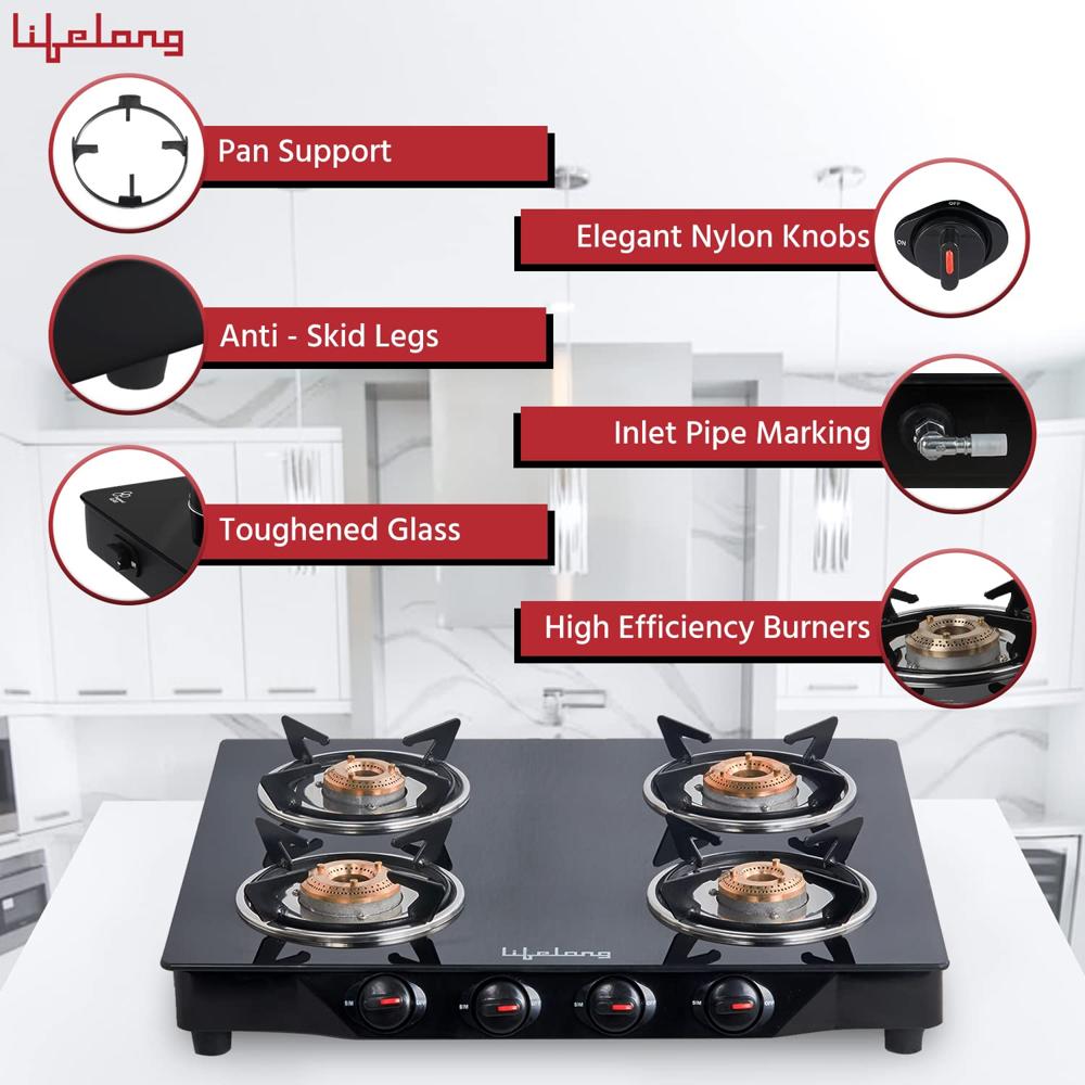 Lifelong Glass Top Gas Stove, 4 Burner Gas Stove, Black