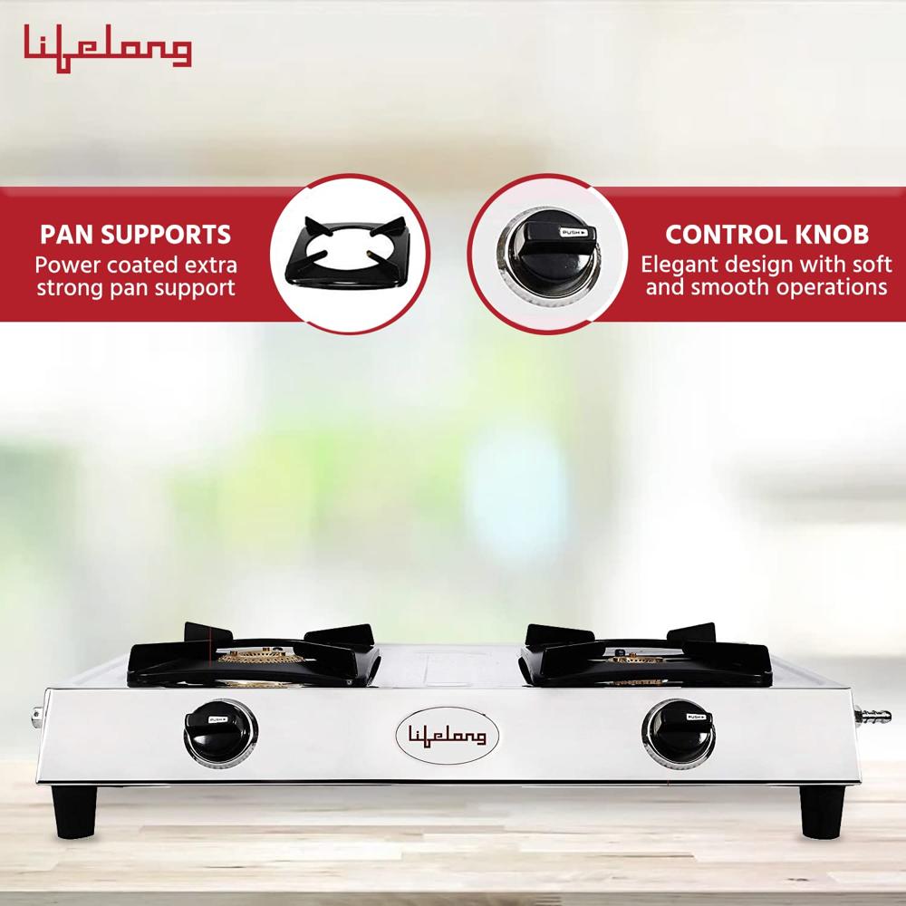 Lifelong 2 Burner Gas Stove Top for Kitchen - Manual Ignition Cooktop with Stainless Steel for Kitchen, ISI Certified & Compatible
