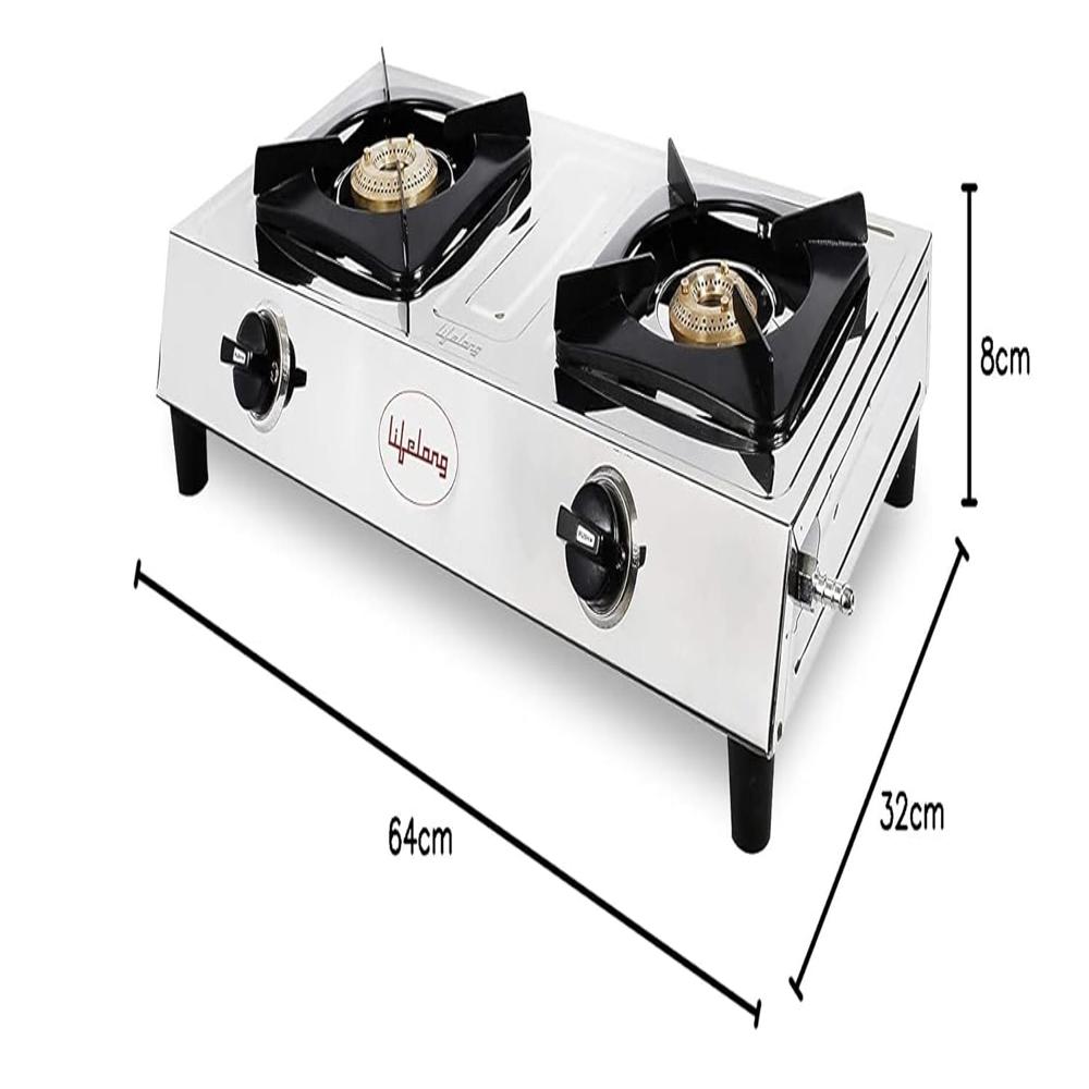 Lifelong 2 Burner Gas Stove Top for Kitchen - Manual Ignition Cooktop with Stainless Steel for Kitchen, ISI Certified & Compatible