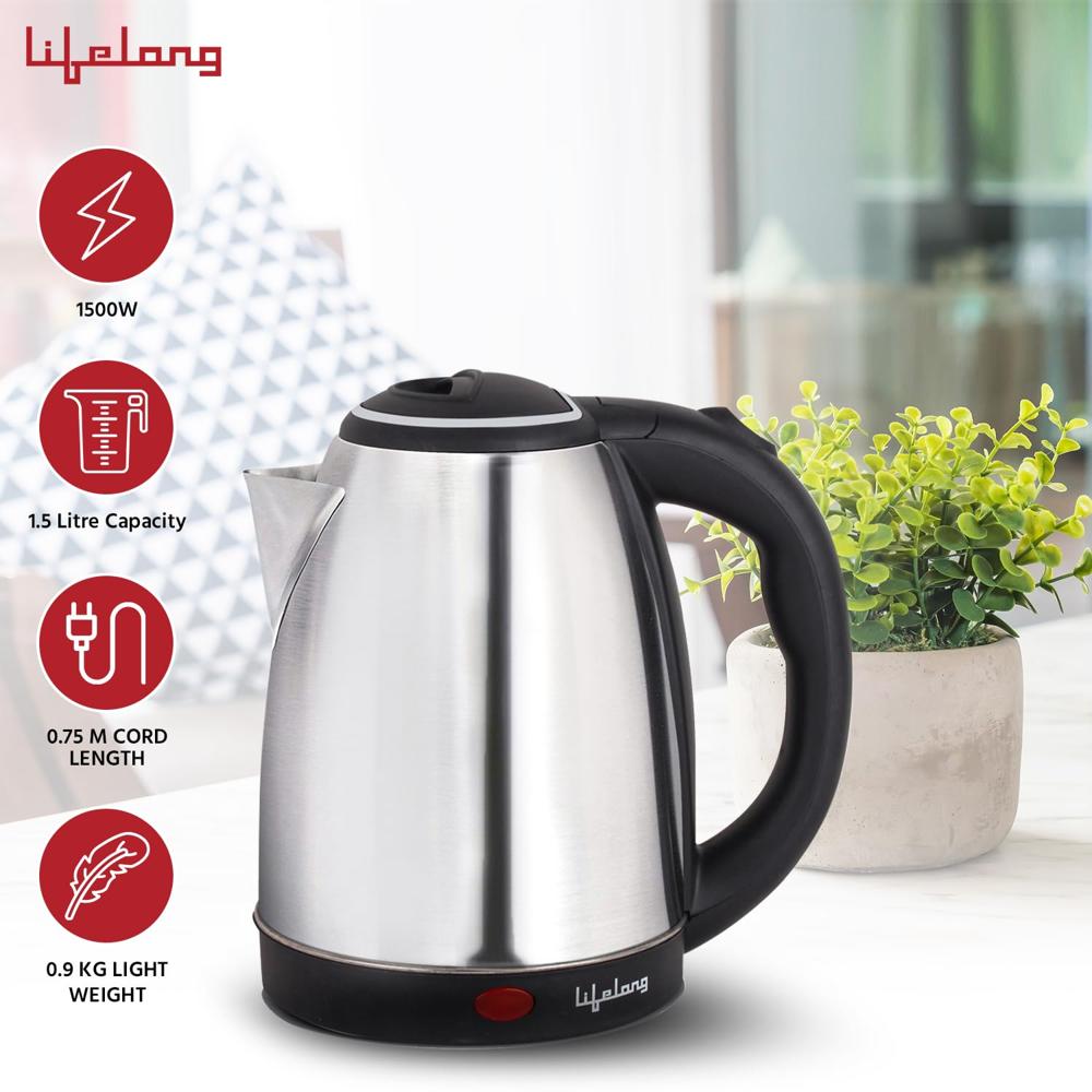 Lifelong ISI Certified Electric Kettle 1.5L with Stainless Steel Body, Easy and Fast Boiling of Water for Instant Noodles, Soup, Tea etc. (LLEK60)