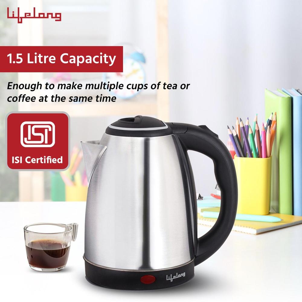 Lifelong ISI Certified Electric Kettle 1.5L with Stainless Steel Body, Easy and Fast Boiling of Water for Instant Noodles, Soup, Tea etc. (LLEK60)
