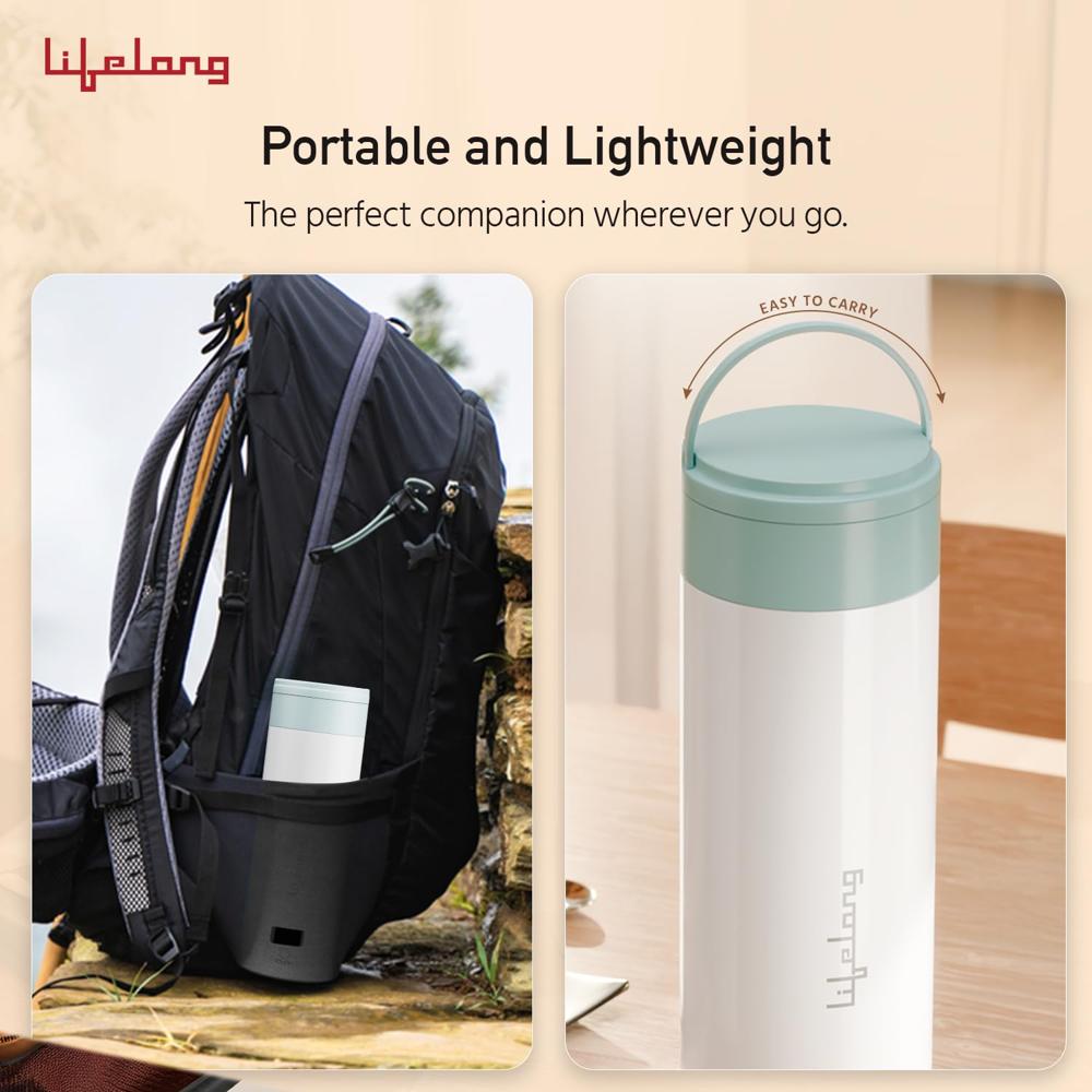 Lifelong 2-In-1 Portable Electric Kettle & Bottle For Travel-400Ml|Digital Display & Touch|4 Temperature Settings|304 Stainless(LLEPK09)