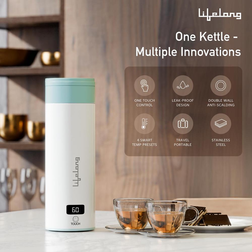 Lifelong 2-In-1 Portable Electric Kettle & Bottle For Travel-400Ml|Digital Display & Touch|4 Temperature Settings|304 Stainless(LLEPK09)