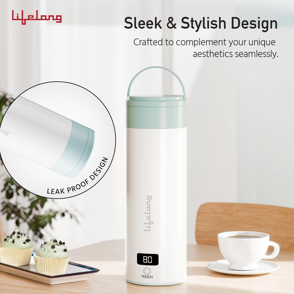 Lifelong 2-In-1 Portable Electric Kettle & Bottle For Travel-400Ml|Digital Display & Touch|4 Temperature Settings|304 Stainless(LLEPK09)