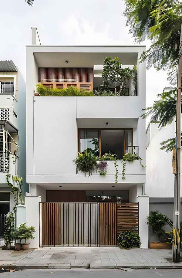 Modern Minimalist Villa Exterior Design with Balcony Garden
