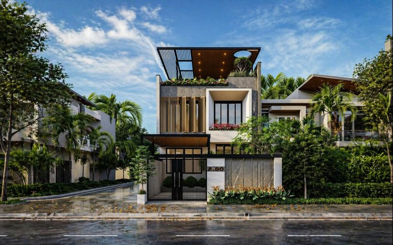 Modern Minimalist Villa Exterior Design with Balcony Garden