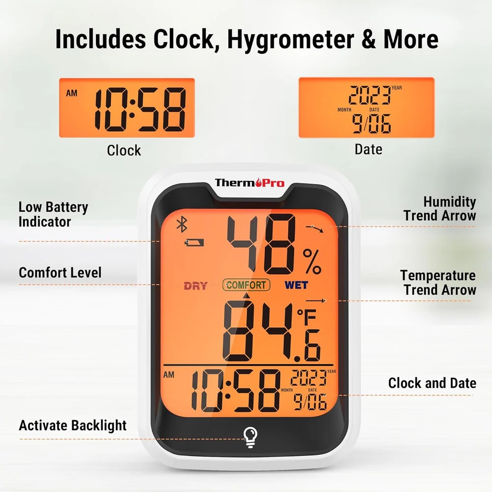Thermopro TP358 Bluetooth Thermometer For Room Temperature With Built-in Clock, TP358