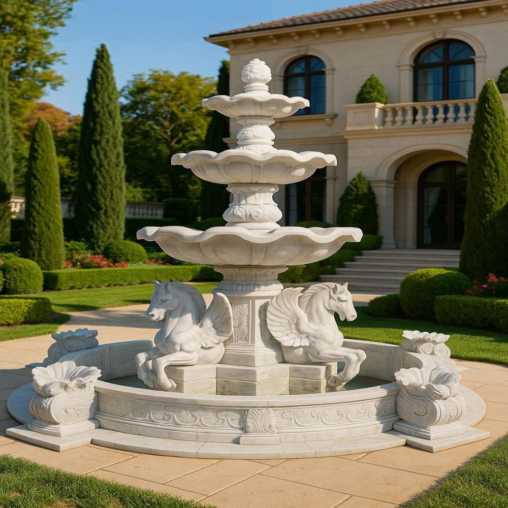 Outdoor white marble fountain