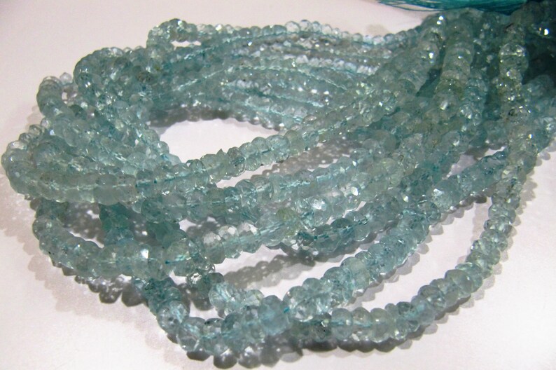 Natural Aquamarine Rondelle Faceted Gemstone Beads sold per Strand 8 inches long