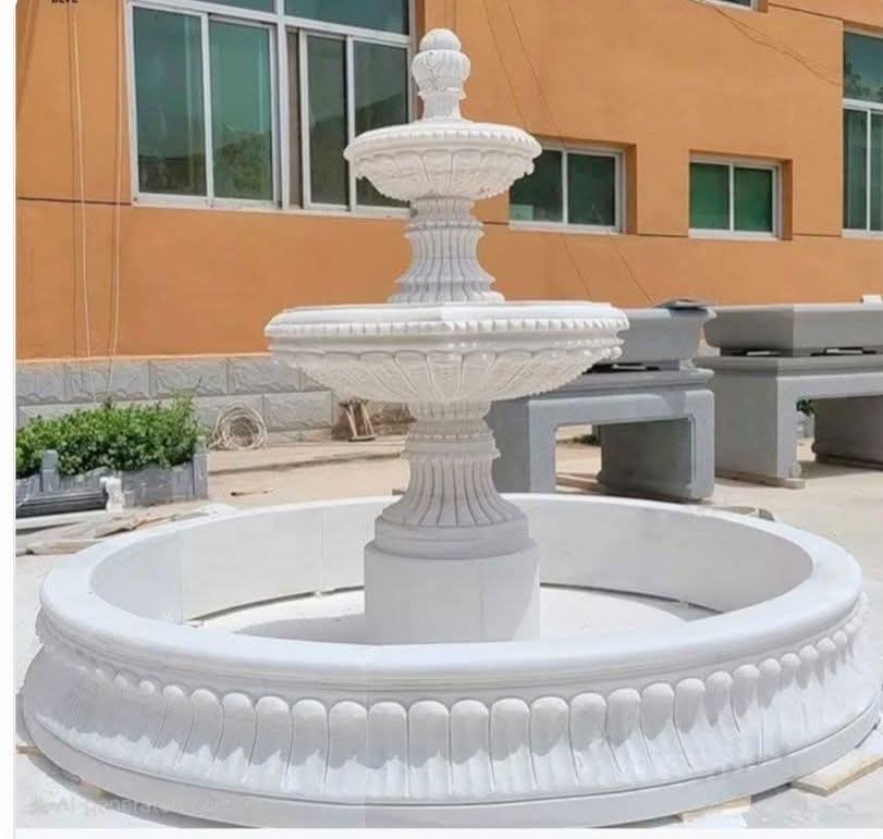 White Marble Outdoor Fountain - Polished Marble, 220cm Height X 250cm Diameter, White | Hand-carved Details, Corrosion-resistant, Integrated Waterproof Led Lights, Customizable Pool Size