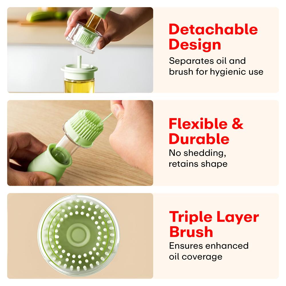 Prime Pick 180ml Oil Dispenser Bottle with Silicone Built-in Brush  Green  Gray