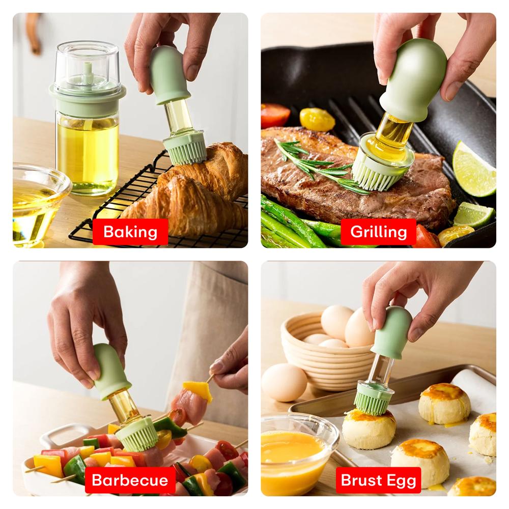 Prime Pick 180ml Oil Dispenser Bottle with Silicone Built-in Brush  Green  Gray