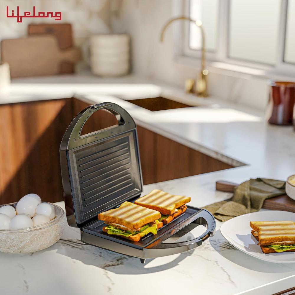 Lifelong LLSM120G Sandwich Griller, Classic Pro 750 W Sandwich Maker with 4 Slice Non-Stick Fixed Plates for Sandwiches at Home with 1 Year Warranty