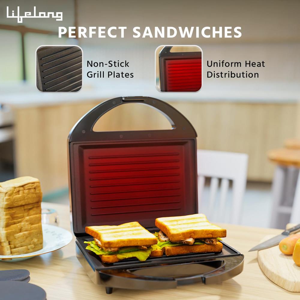 Lifelong LLSM120G Sandwich Griller, Classic Pro 750 W Sandwich Maker with 4 Slice Non-Stick Fixed Plates for Sandwiches at Home with 1 Year Warranty