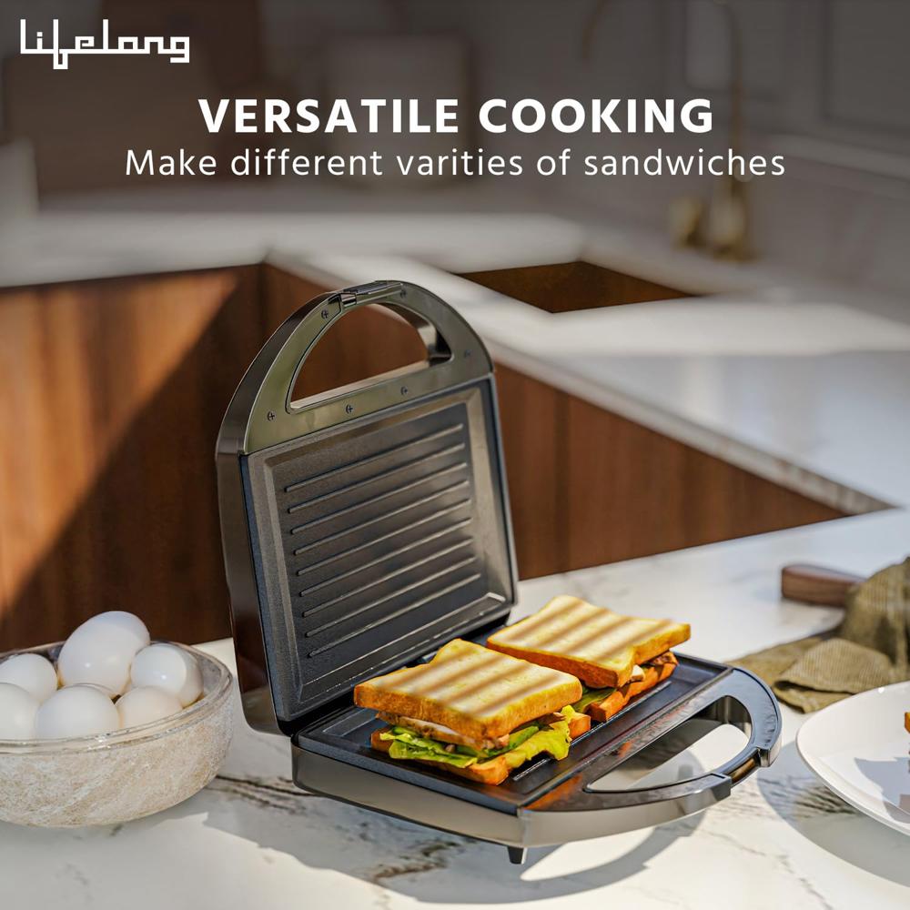 Lifelong LLSM120G Sandwich Griller, Classic Pro 750 W Sandwich Maker with 4 Slice Non-Stick Fixed Plates for Sandwiches at Home with 1 Year Warranty