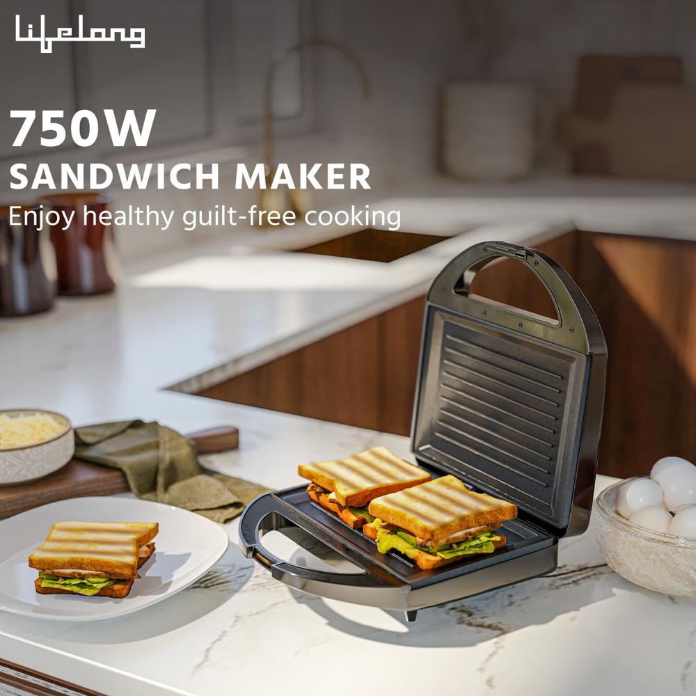 Lifelong LLSM120G Sandwich Griller, Classic Pro 750 W Sandwich Maker with 4 Slice Non-Stick Fixed Plates for Sandwiches at Home with 1 Year Warranty