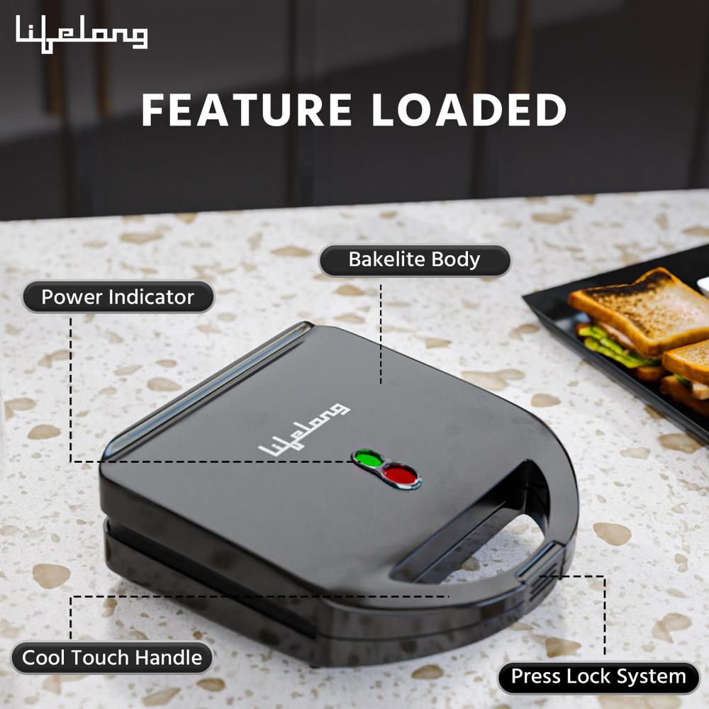Lifelong LLSM120G Sandwich Griller, Classic Pro 750 W Sandwich Maker with 4 Slice Non-Stick Fixed Plates for Sandwiches at Home with 1 Year Warranty