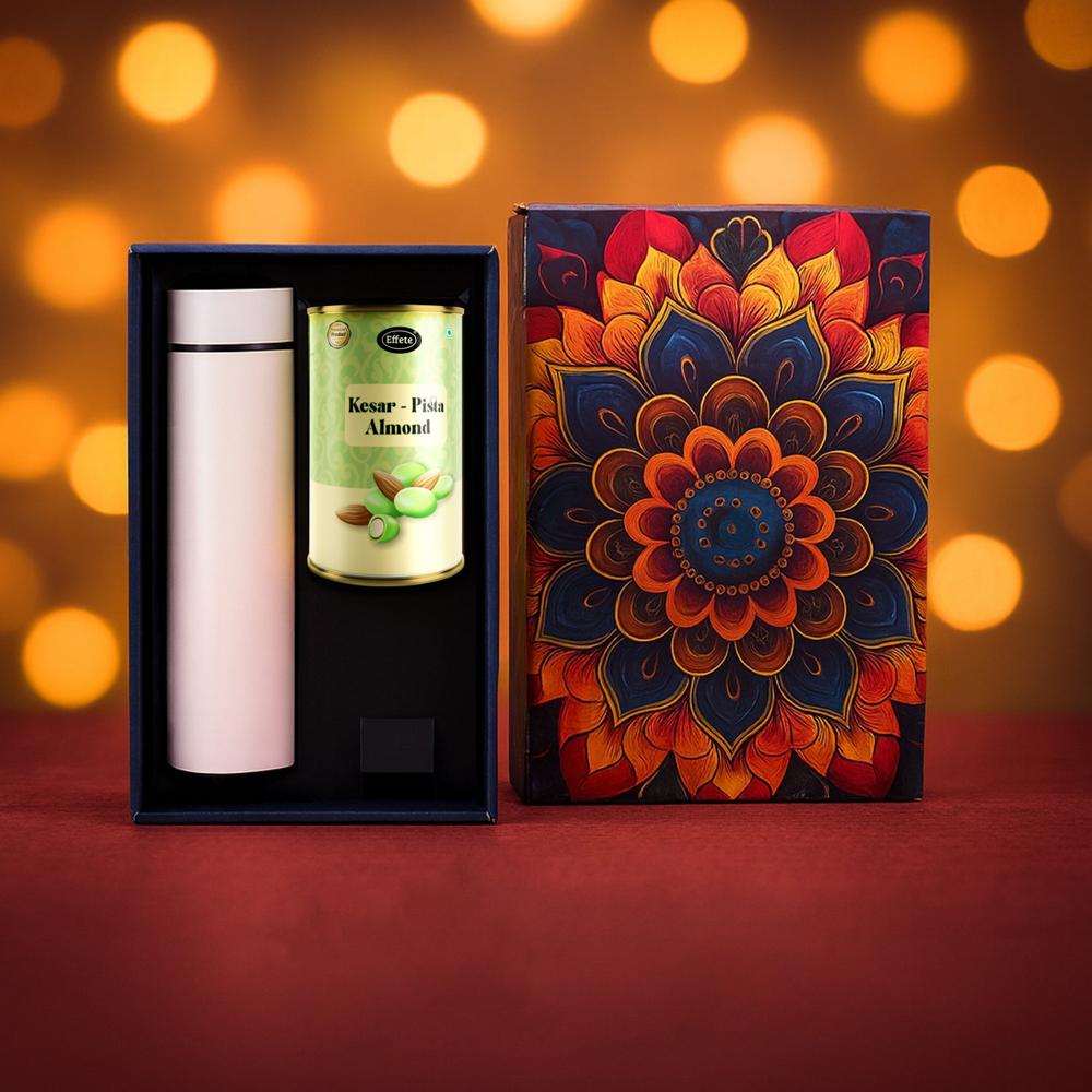 Effete Kesar Pista Almonds Gift Hamper, Golden With Bottle (2 Pc Set), Mix Color - Material: Ss