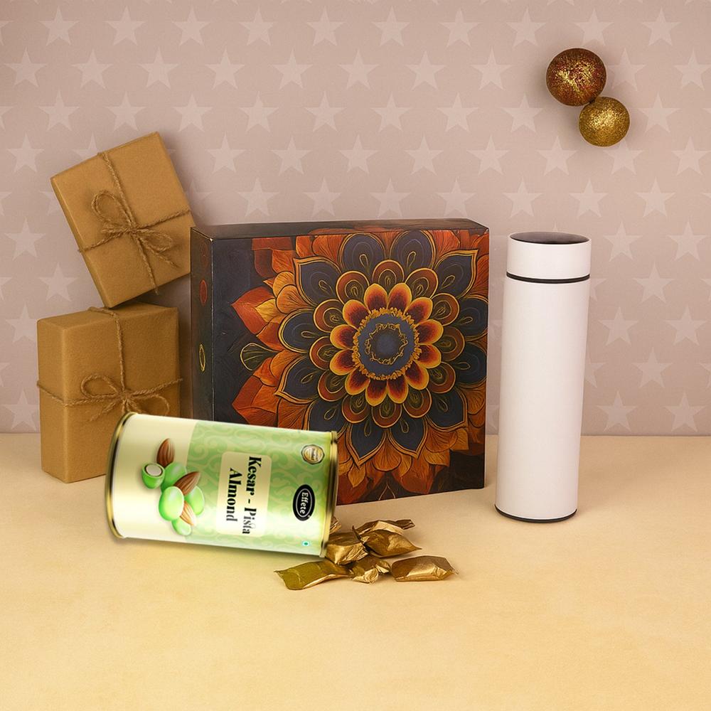 Effete Kesar Pista Almonds Gift Hamper, Golden With Bottle (2 Pc Set), Mix Color