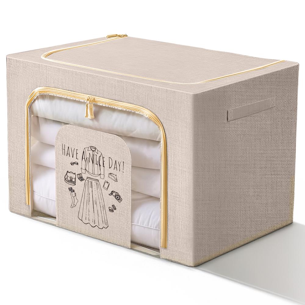 Foldable Storage Box Double Zipper Cloth Organizer  Beige Large Cloth Box with Lid  Metal Handles for Wardrobe Sweaters Pants  1 Pack 42 40 60 cm