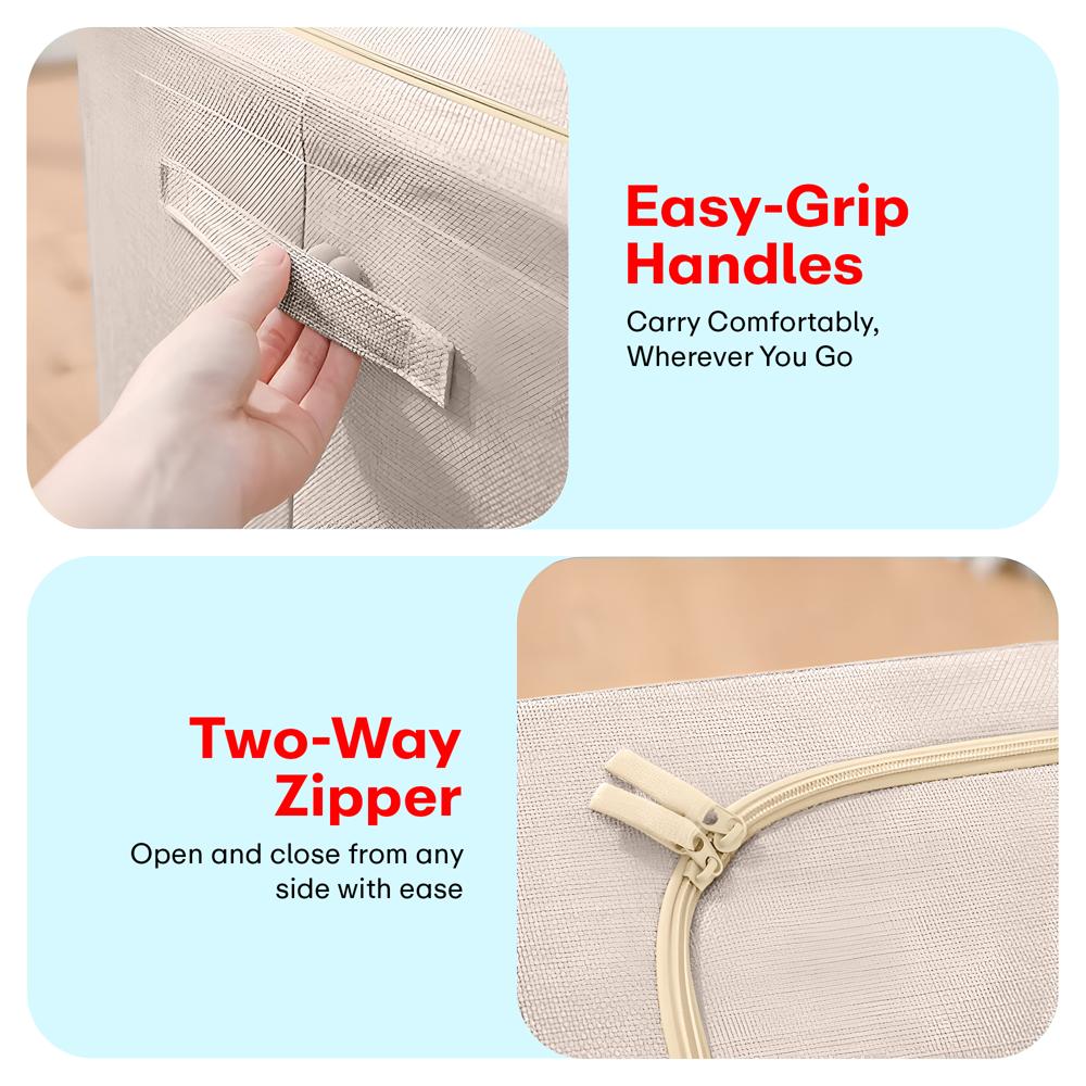 Foldable Storage Box Double Zipper Cloth Organizer  Beige Large Cloth Box with Lid  Metal Handles for Wardrobe Sweaters Pants  1 Pack 42 40 60 cm