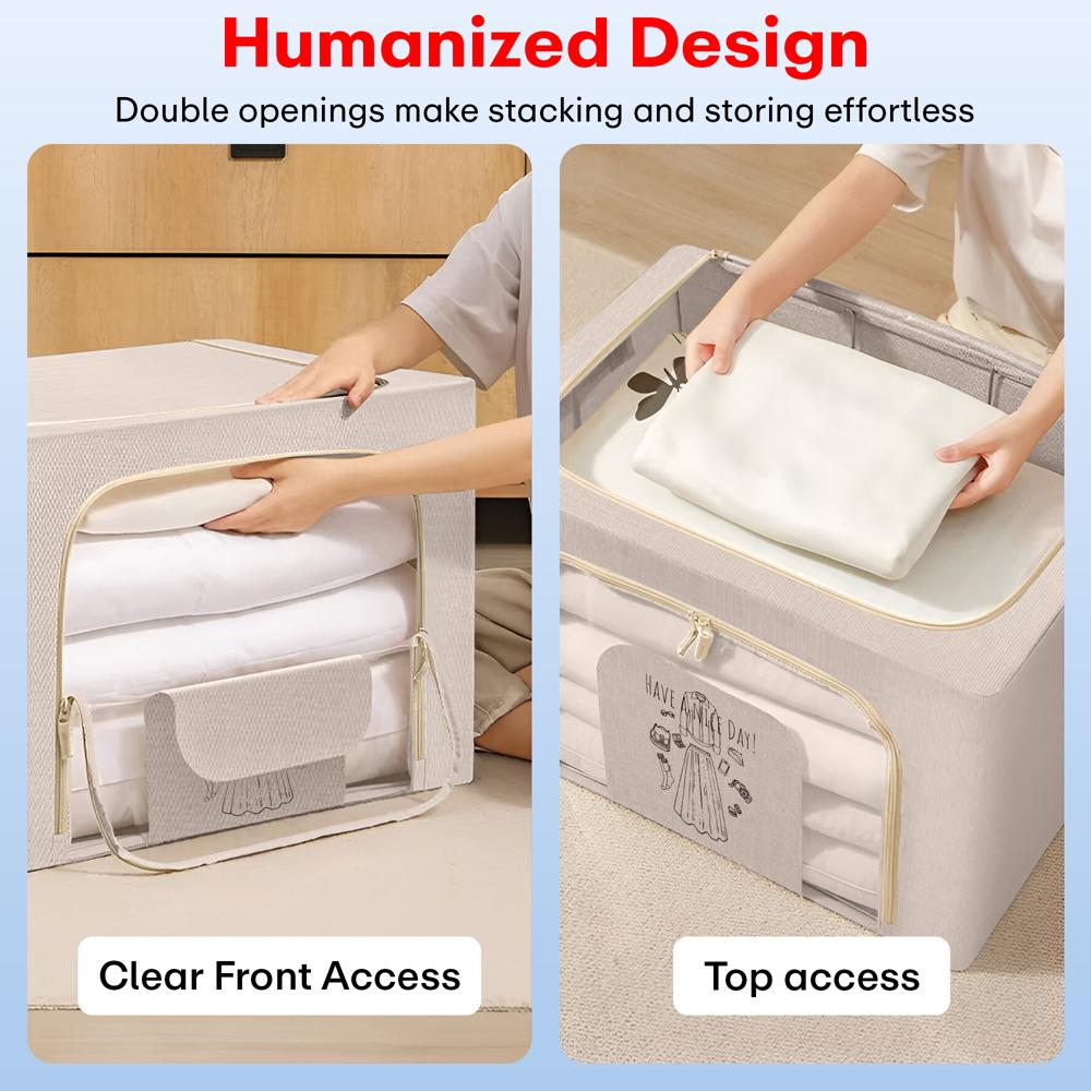 Foldable Storage Box Double Zipper Cloth Organizer  Beige Large Cloth Box with Lid  Metal Handles for Wardrobe Sweaters Pants  1 Pack 42 40 60 cm