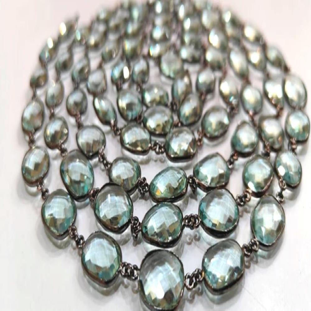 Aquamarine Quartz Briolette Connector Chain, Oval Shape Briolette Bezel Connector Chain 12 to 15 mm bezel