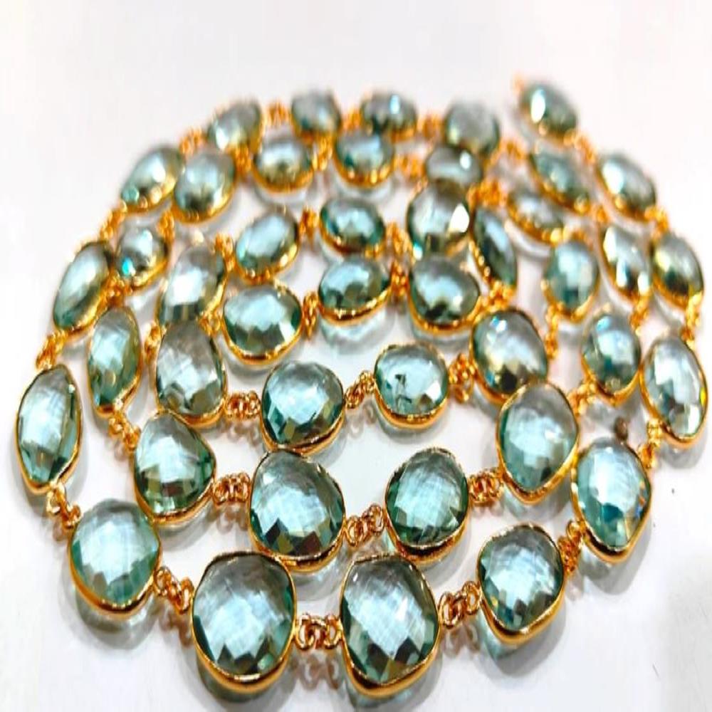 Aquamarine Quartz Briolette Connector Chain, Oval Shape Briolette Bezel Connector Chain 12 to 15 mm bezel