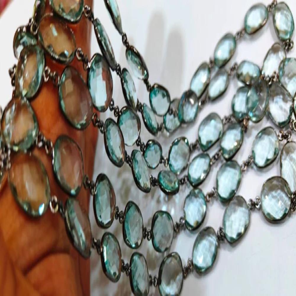 Aquamarine Quartz Briolette Connector Chain, Oval Shape Briolette Bezel Connector Chain 12 to 15 mm bezel