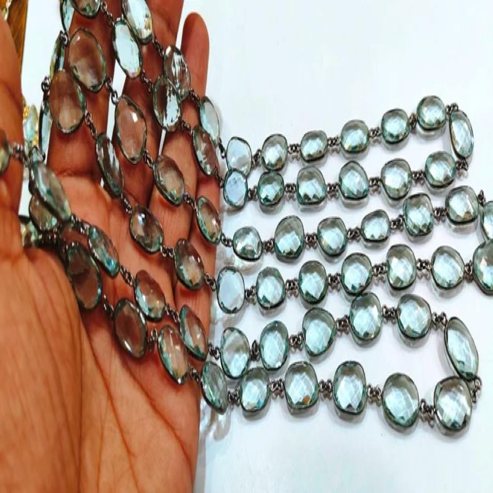 Aquamarine Quartz Briolette Connector Chain, Oval Shape Briolette Bezel Connector Chain 12 to 15 mm bezel
