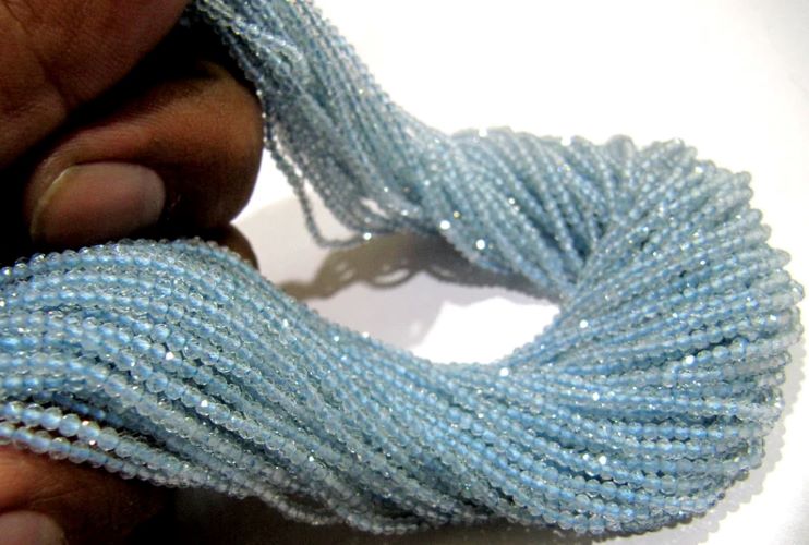 Natural Aquamarine 2mm Rondelle Micro faceted Gemstone Beads Strand 13 Inches Long