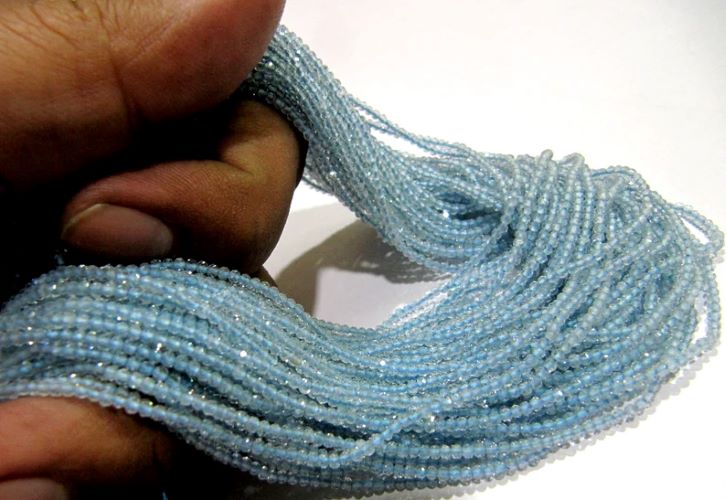 Natural Aquamarine 2mm Rondelle Micro faceted Gemstone Beads Strand 13 Inches Long