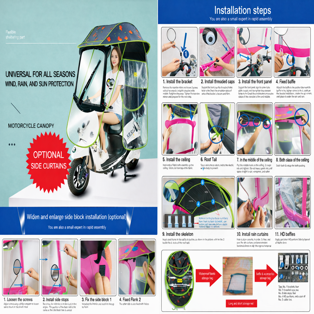 Motorcycle Rain Canopy With Side Cover - Color: Multicolor (Typically Features A Mix Of Bright Or Reflective Colors)