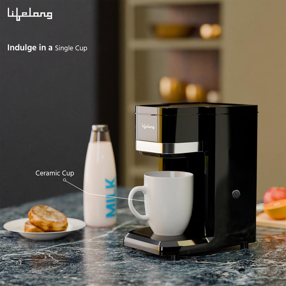 Lifelong Single Cup Coffee Maker- 350 W Coffee Machine for Single Serve, Rapid Coffee Brewer Technology with 125ml(LLCMK910)
