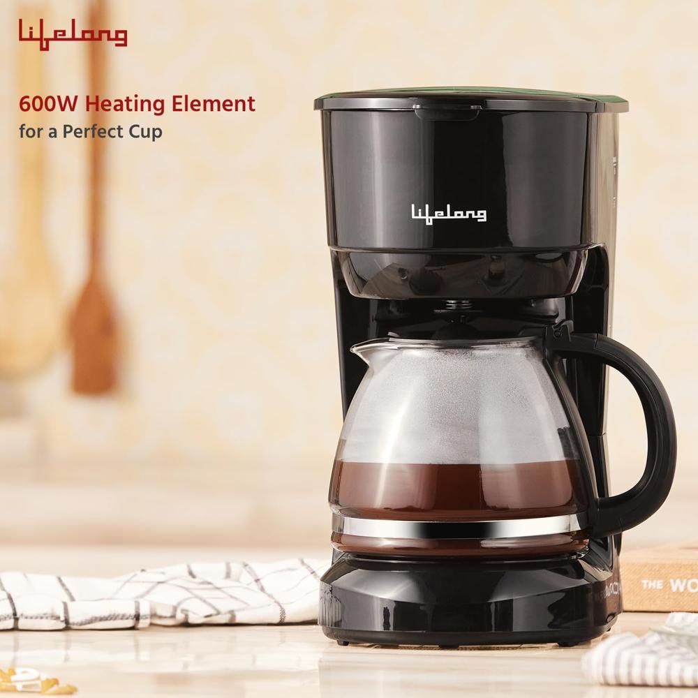 Lifelong Drip Coffee Maker for 5 Cups - Coffee Machine with Water Level Indicator, 750ml Borosilicate Carafe Glass Jar of 600W-(LLCMK901)