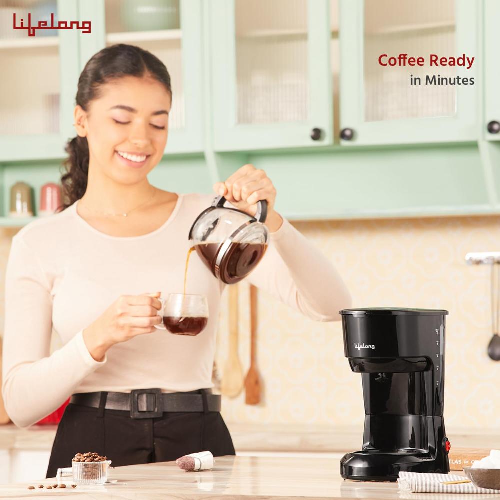Lifelong Drip Coffee Maker for 5 Cups - Coffee Machine with Water Level Indicator, 750ml Borosilicate Carafe Glass Jar of 600W-(LLCMK901)