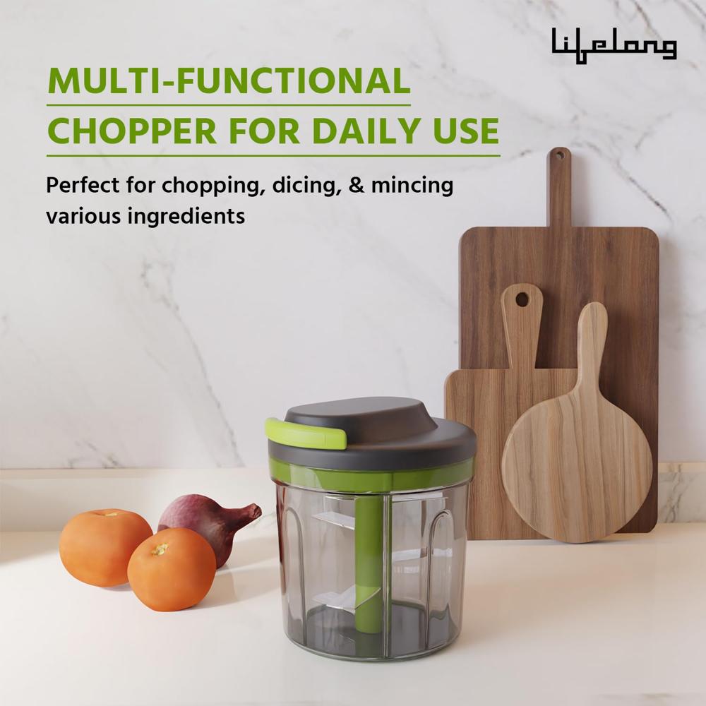 Lifelong 1000ml Pull Chopper | Manual Vegetable, Onion, and Garlic Cutter with Convenient Pull Cord, Efficient Kitchen Chopper